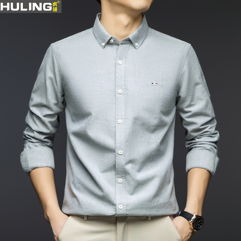 春秋季新款男装磨毛纯棉长袖衬衫时尚商务休闲扣领刺绣男士衬衣潮