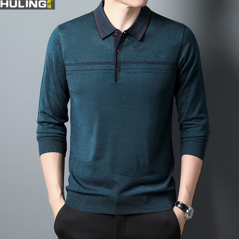春秋季长袖针织T恤男士翻领薄款毛衣中年男士针织衫上衣爸爸男装