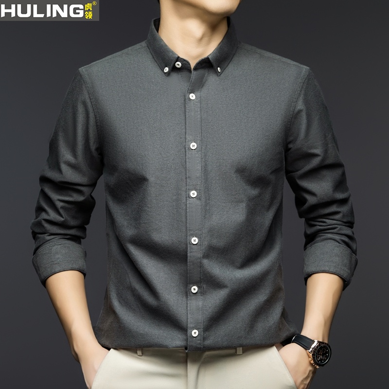 男士纯棉长袖衬衫春秋季新款商务职业工装休闲衬衣扣领简约百搭