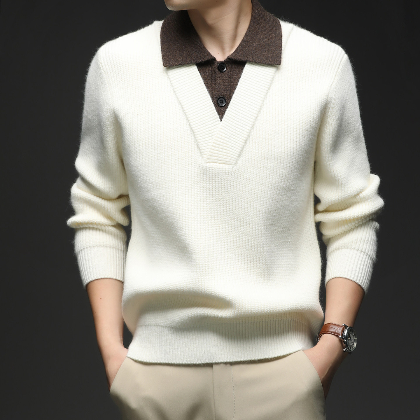 美式复古polo翻领毛衣男士秋冬季潮牌针织衫假两件叠穿老钱风外套