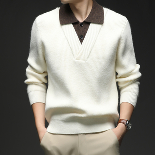 美式复古polo翻领毛衣男士秋冬季潮牌针织衫假两件叠穿老钱风外套