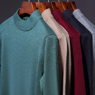 秋冬男士毛衣纯色纯棉半高领套头保暖圆领宽松打底针织衫薄款男装