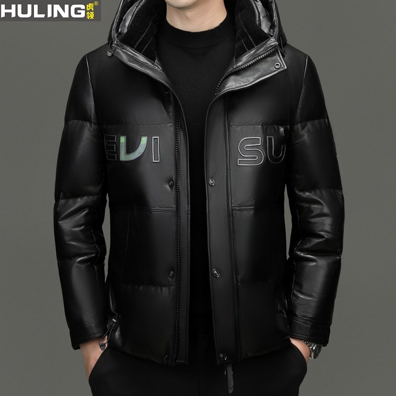 绵羊皮真皮皮衣男士短款白鸭绒加厚保暖羽绒服外套男装连帽面包服