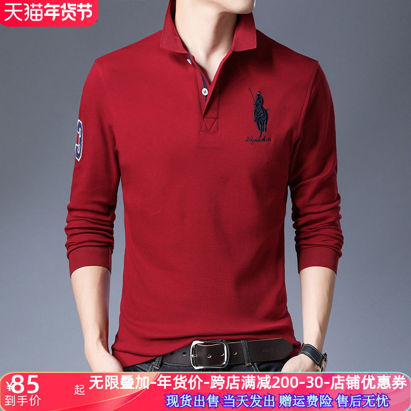 春秋男士长袖纯棉T恤翻领polo衫刺绣花骑士宽松大码商务休闲保罗