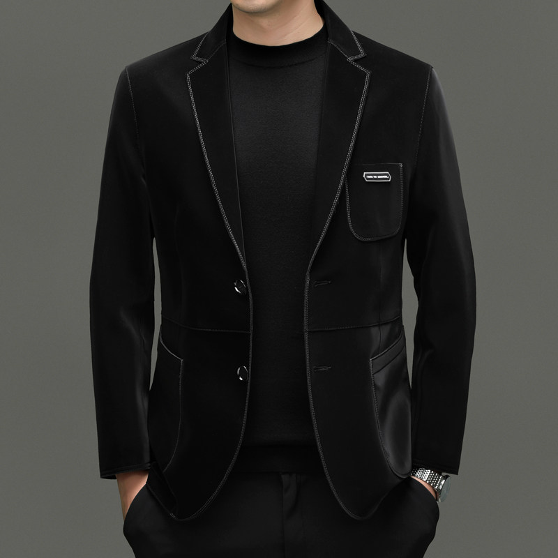 商务西装外套男高级感潮流时尚帅气百搭二层绵羊皮金丝绒单西服