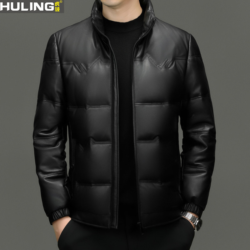 绵羊皮真皮皮衣男士白鹅绒羽绒服立领外套中年秋冬季新款保暖男装