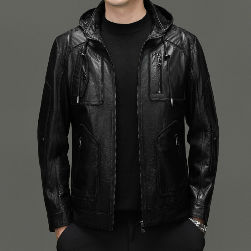 春秋季新款头层牛皮真皮皮衣连帽宽松连帽皮夹克男款时尚潮流上衣