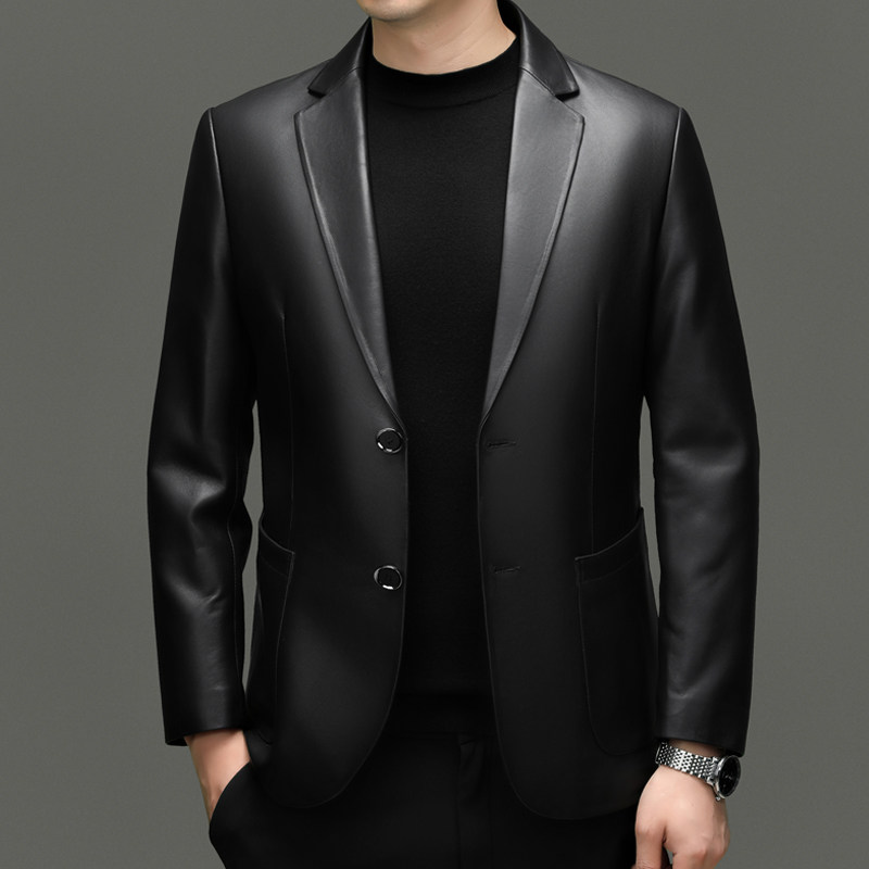 男装春秋新款男式羊皮衣休闲真皮西装领机车皮衣夹克中年男士外套