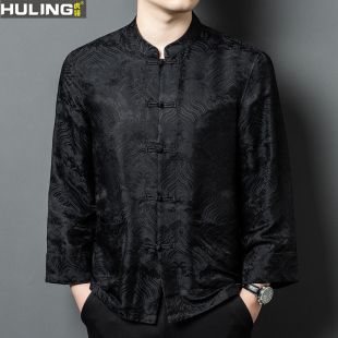 100%桑蚕丝男士唐装中国风盘扣商务休闲立领中年高档真丝长袖衬衣