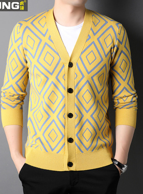 春秋季薄款开衫男士青年韩版菱形图案黄色百搭衫薄款毛衣针织外套