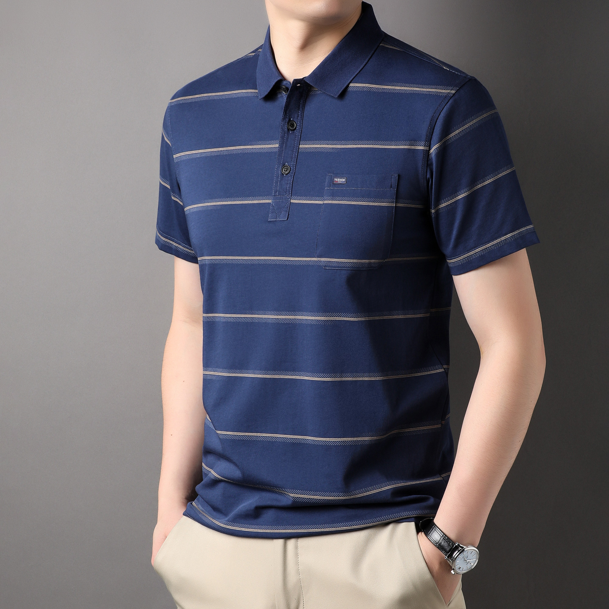 新款宽松新款男士条纹翻领T恤衫短袖纯棉夏季商务休闲POLO衫潮流