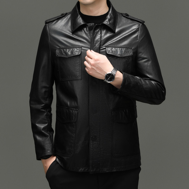 春秋季真皮男士休闲翻领牛皮夹克外套亮色潮流爸爸装油蜡时尚皮衣