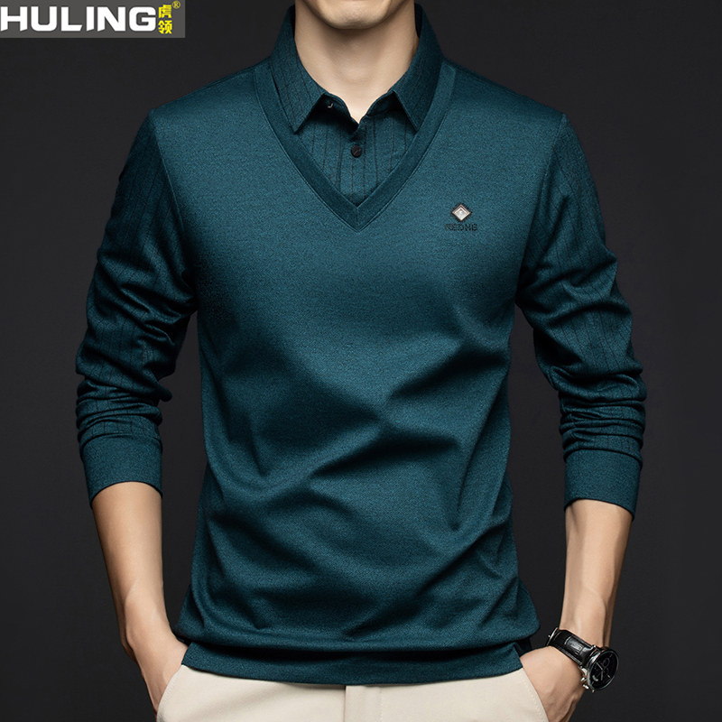 假两件衬衫领长袖t恤中年爸爸装春秋新款休闲内搭男装打底衫上衣