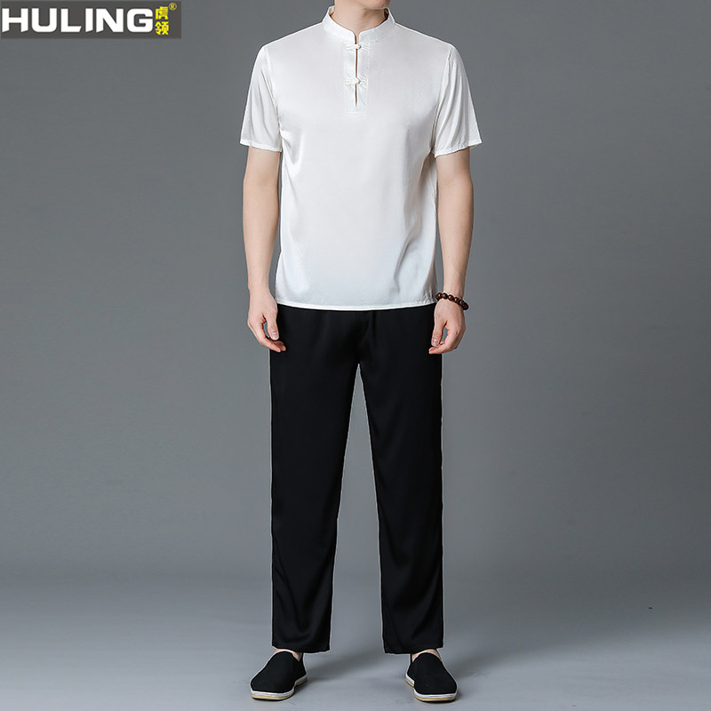桑蚕丝短袖男士套装夏季休闲两件套中年立领真丝一套立领上衣男装