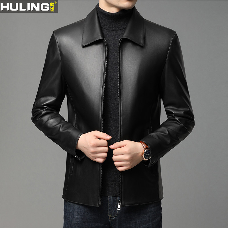 海宁真皮绵羊皮皮衣翻领修身拉链黑色皮夹克薄春秋商务休闲外套男
