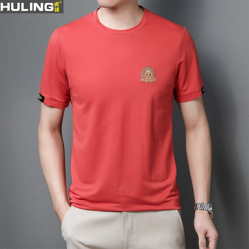 夏季新款短袖t恤男圆领绣花狮子冰丝休闲体恤薄上衣潮宽松POLO衫