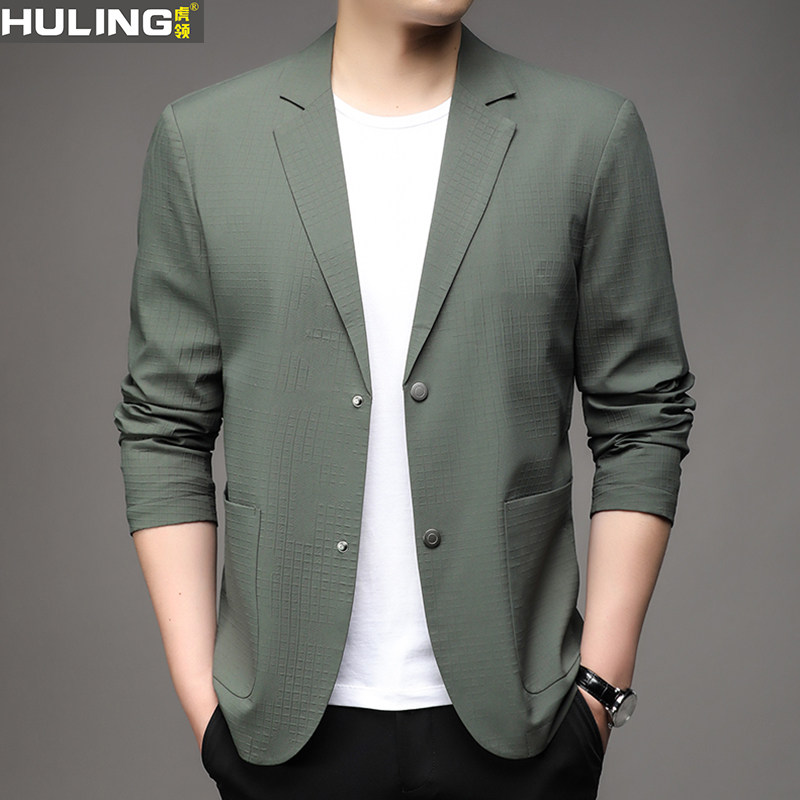 春秋季西服男士休闲纯色薄款按扣小西装修身单西外套韩版潮男装