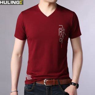 V领2024新款 夏季 纯棉印花薄款 休闲半袖 男式 潮流体恤中年装 t恤短袖