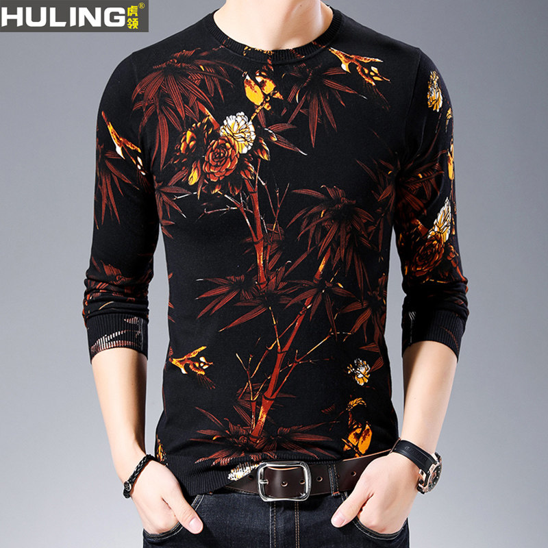 春秋薄款打底长袖T恤圆领竹子鸟图案上衣服潮流针织衫中青年男装
