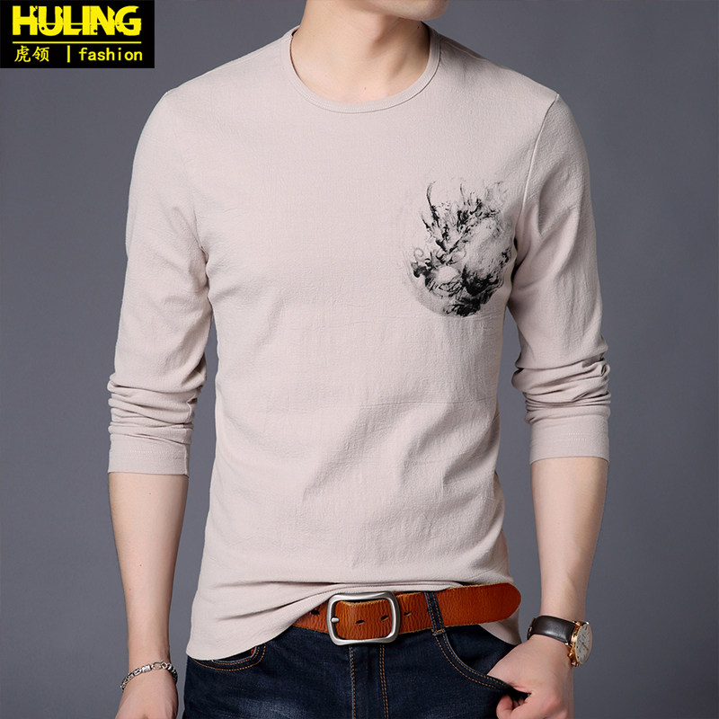 长袖T恤男士青年圆领棉麻薄款春夏时尚休闲水墨龙打底衫体恤上衣