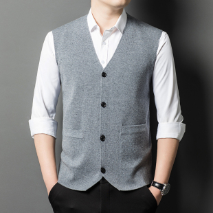 春秋季商务休闲含羊毛针织衫毛线背心中青年男士纯色毛衣口袋开衫