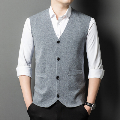 春秋季商务休闲含羊毛针织衫毛线背心中青年男士纯色毛衣口袋开衫
