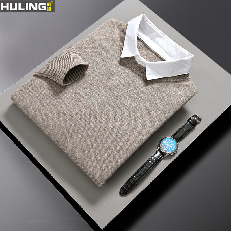 春秋装男士毛衣中青年假两件衬衫领毛衣商务纯色针织薄款打底衫潮