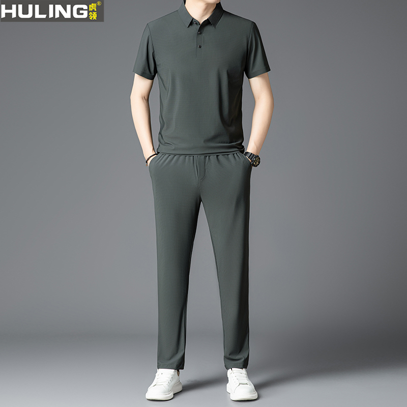 中年男装爸爸套装夏季薄款翻领短袖POLO衫上衣休闲运动长裤两件套