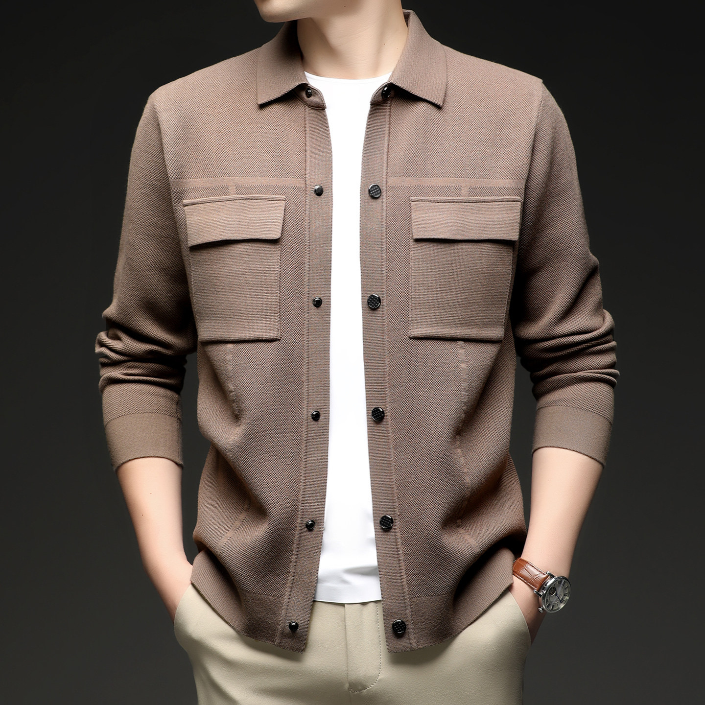 男士长袖毛衣开衫春秋季时尚保暖新款韩版潮上衣按扣休闲针织外套