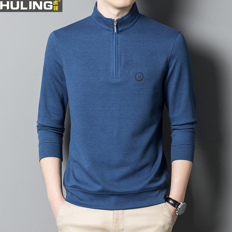 秋季男士立领T恤拉链半高领长袖纯棉潮流百搭时尚外穿打底POLO衫