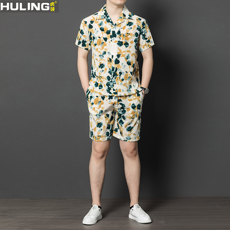 真丝短袖短裤套装夏季薄款桑蚕丝宽松花衬衣真丝两件套沙滩度假