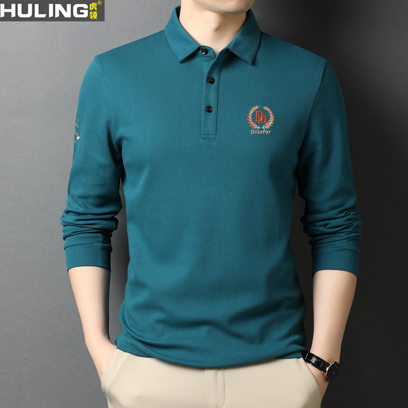 男士长袖纯棉T恤中年爸爸春秋装上衣时尚休闲翻领宽松男装POLO衫