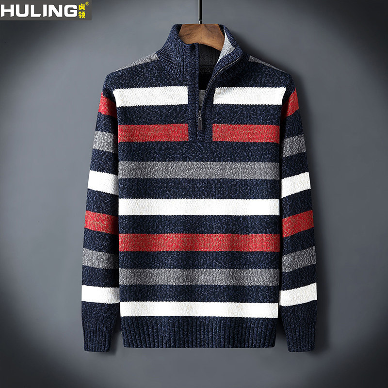 秋冬季条纹毛衣男宽松加厚半高领拉链潮流韩版中青年保暖针织衫