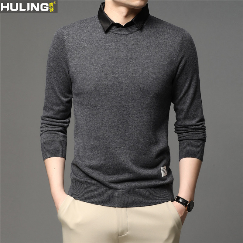 男士针织含羊毛衫套头衬衫领时尚针织打底衫休闲假两件男装毛衣潮