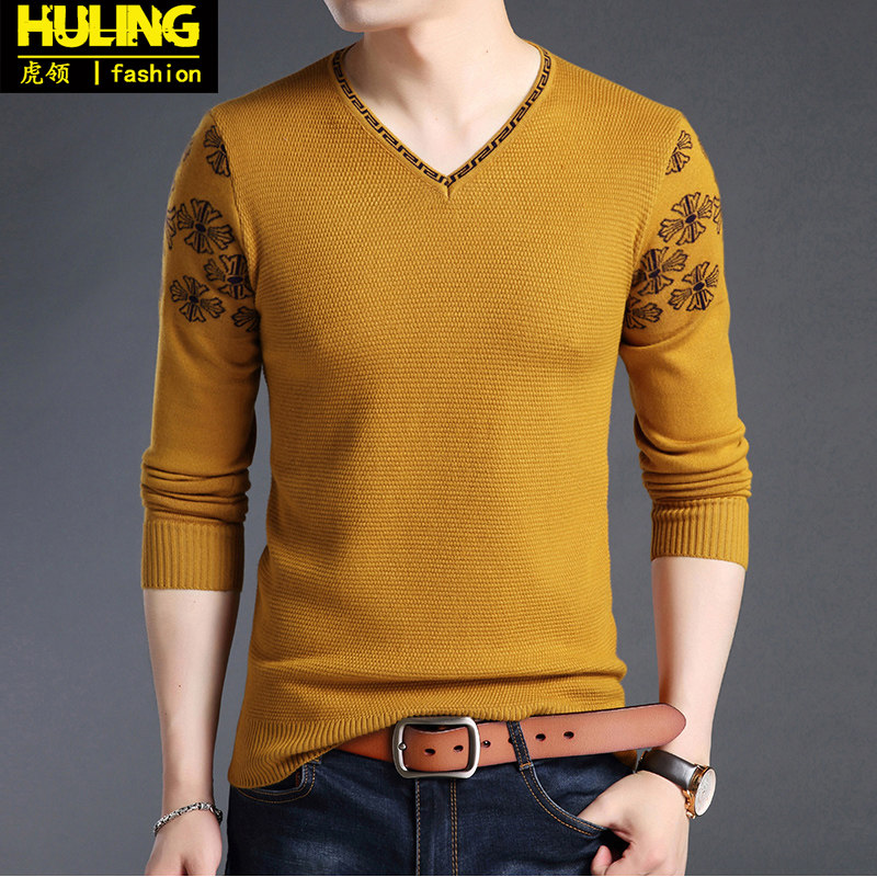 春秋新款男士青年长袖毛衣20-30岁针织T恤衫碎花鸡心领上衣针织衫
