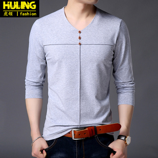 春秋季V领长袖t恤对称纽扣纯色纯棉打底衫港风修身鸡心领布料体恤