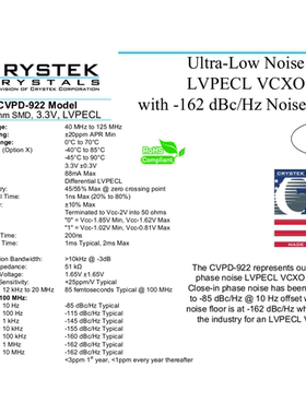 压控差分晶振 飞秒 CRYSTEK低抖动 低相噪 CVPD-922X-100M 100MHZ