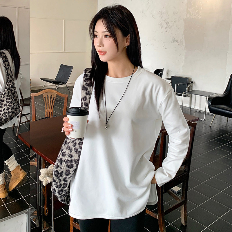 白色弧形开叉长袖t恤女春秋简约T恤