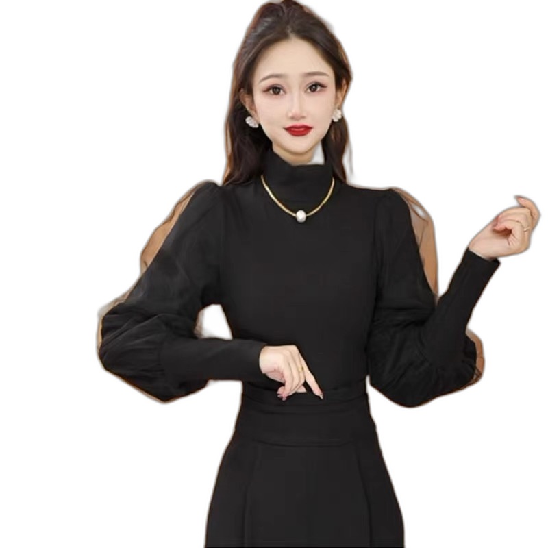 法式网纱拼接长袖T恤女冬季2025新款半高领泡泡袖显瘦打底衫上衣