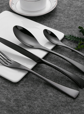 高档不锈钢黑色卡雅牛排刀叉勺创意加厚刀叉西餐厅家用餐具套装