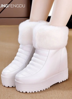 2025冬季白色兔毛雪地靴女内增高8厘米松糕厚底防滑短靴加绒棉靴
