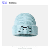 ZIEN 可爱蓝色猫咪针织毛线帽女冬大头围保暖冷帽显脸小包头帽子