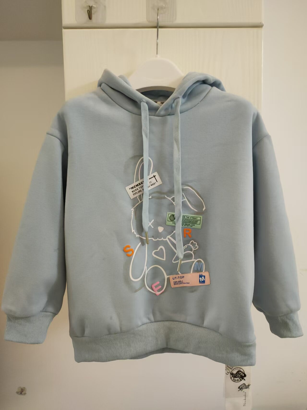 明俐牛哆哆童装冬装新款男女童一体绒连帽卫衣儿童小兔子卡通外套