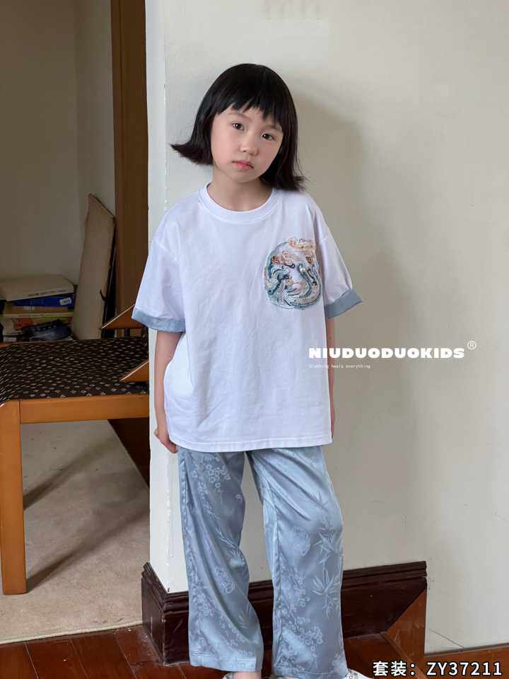 牛哆哆2025夏季女童新中式国风刺绣拼接短袖T+宽松长裤套装中大童