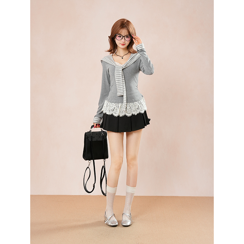 山谷晖恋 辣妹修身条纹坎肩+蕾丝t恤长袖上衣+半身裙三件套秋季