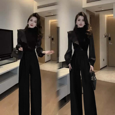 两件套2026春季新款女高级感长袖T恤上衣+西装阔腿裤套装D3365