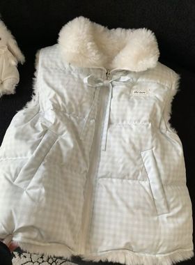 2025冬季甜美可爱baby蓝格纹毛茸茸蝴蝶结小个子加绒保暖马甲外套