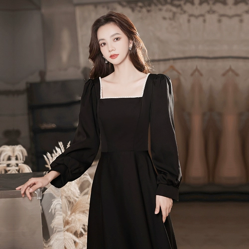 Черное элитное вечернее платье, 2023, изысканный стиль, французский стиль