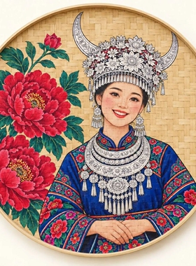 苗族风竹编簸箕画民宿客栈特产店装饰画民族风背景墙挂画