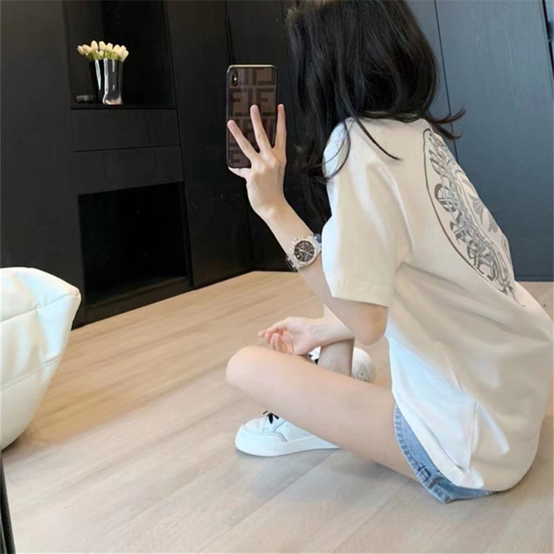 白色短袖t恤女夏2023新款潮高级感梵文印花上衣大版宽松下衣消失